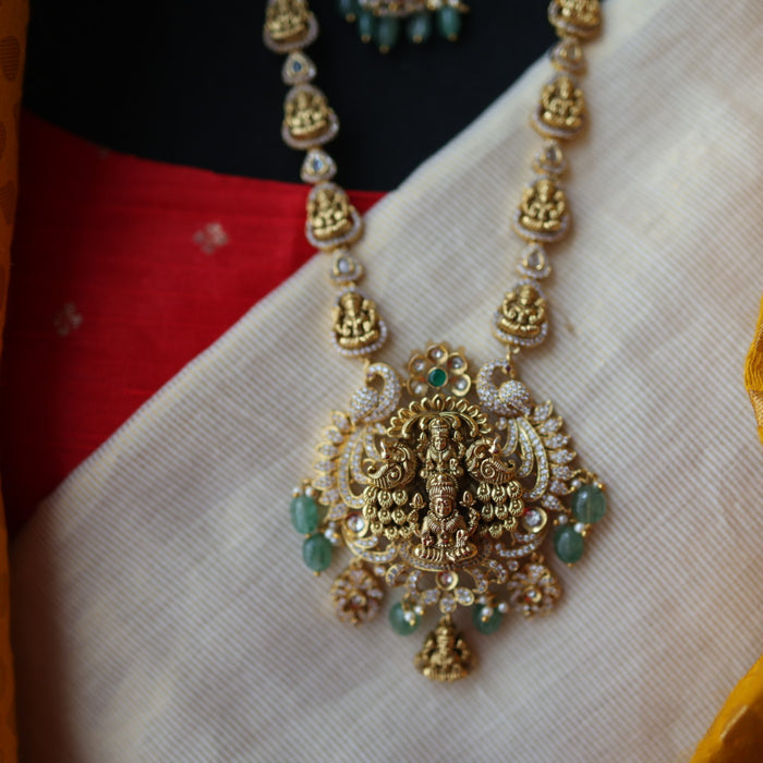 Antique gold green beads temple design long necklace with earrings LL0215901