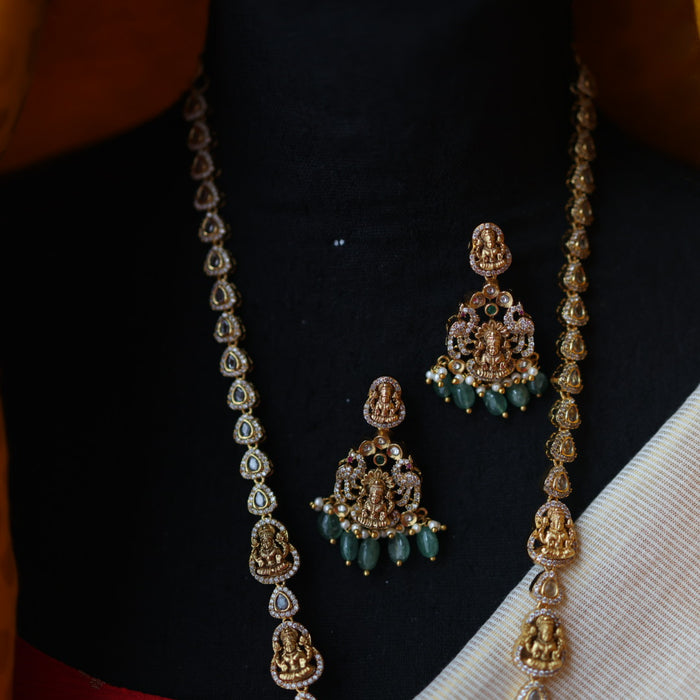 Antique gold green beads temple design long necklace with earrings LL0215901