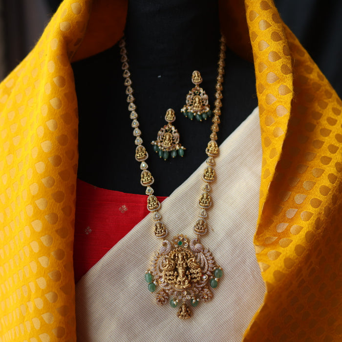Antique gold green beads temple design long necklace with earrings LL0215901