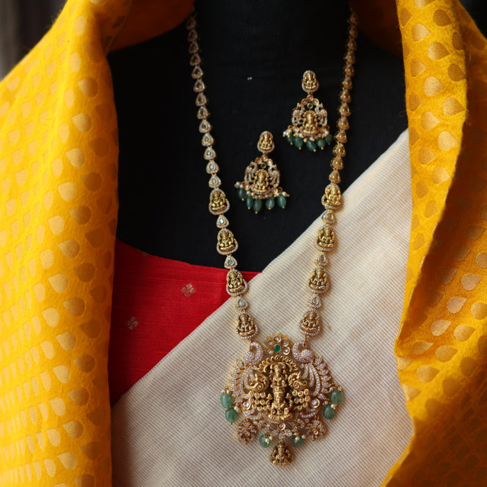 Antique gold green beads temple design long necklace with earrings LL0215901