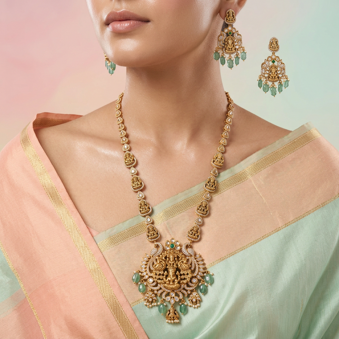 Antique gold green beads temple design long necklace with earrings LL0215901
