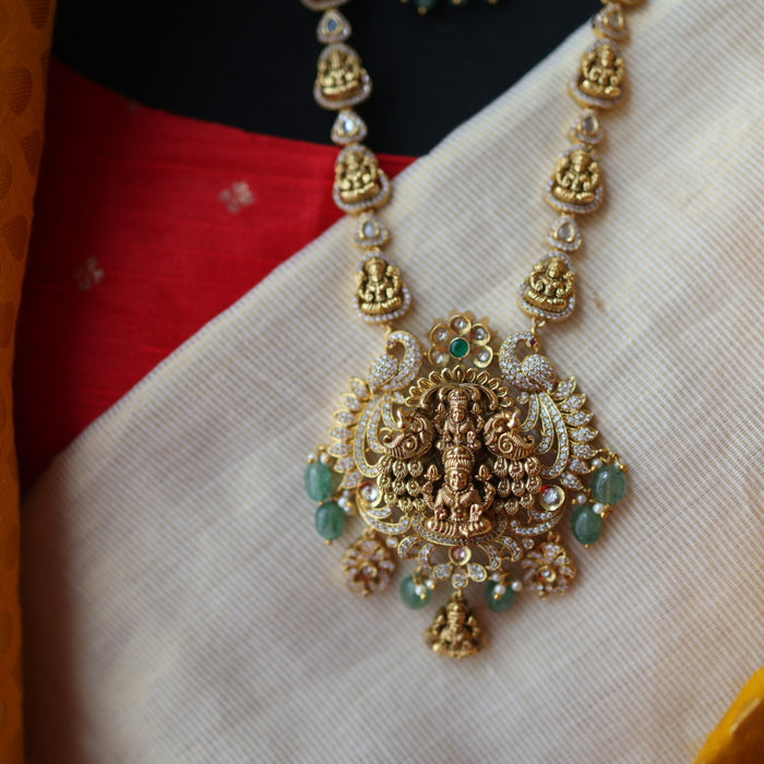 Antique gold green beads temple design long necklace with earrings LL0215901