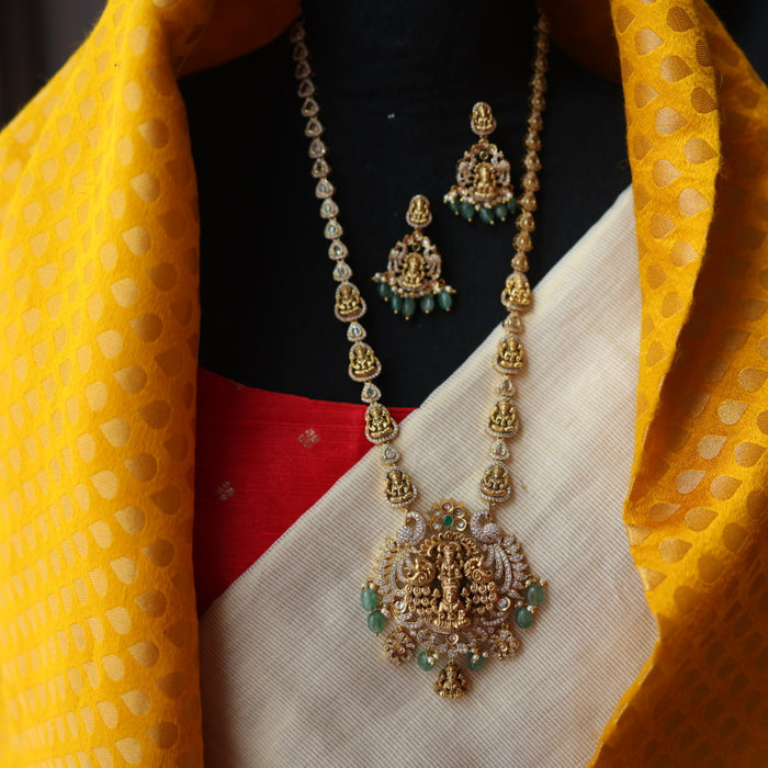 Antique gold green beads temple design long necklace with earrings LL0215901