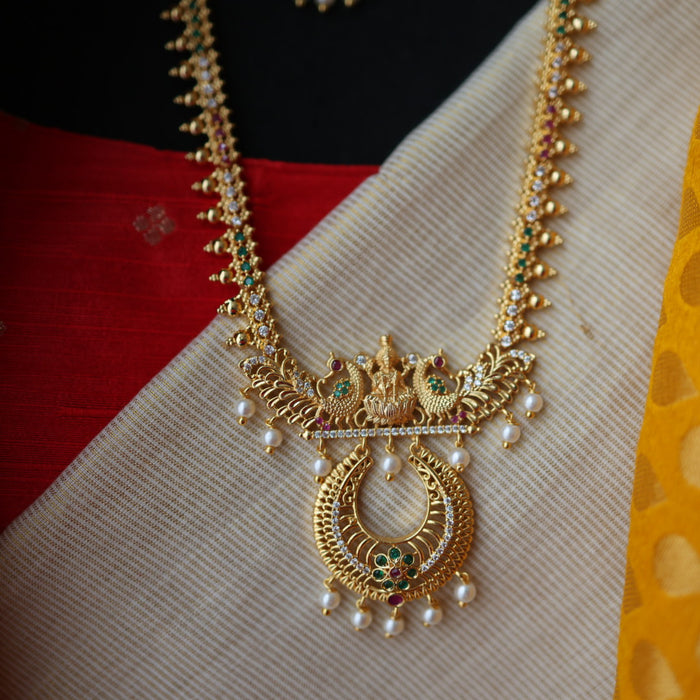 Heritage gold plated ruby green white stone long necklace with earrings HL57111