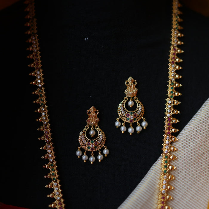 Heritage gold plated ruby green white stone long necklace with earrings HL57111