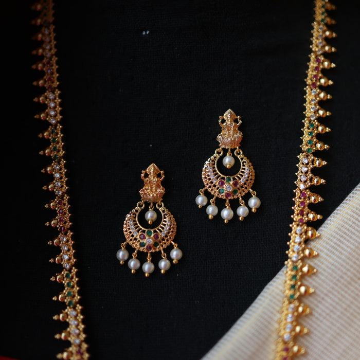 Heritage gold plated ruby green white stone long necklace with earrings HL57111