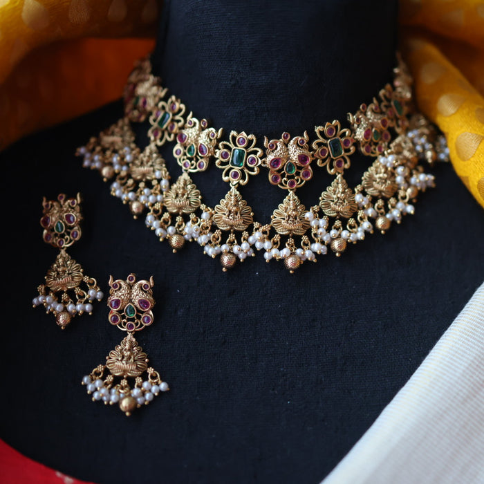Antique gold temple design short necklace with earrings SIB15576