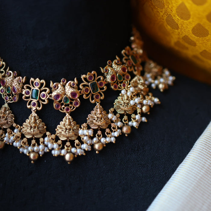 Antique gold temple design short necklace with earrings SIB15576