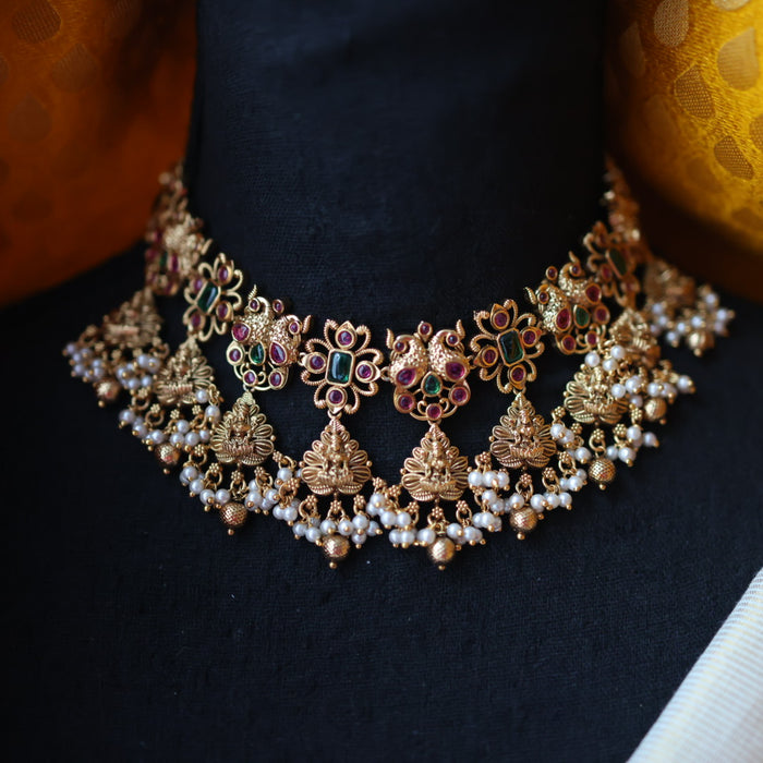 Antique gold temple design short necklace with earrings SIB15576