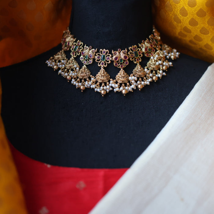 Antique gold temple design short necklace with earrings SIB15576