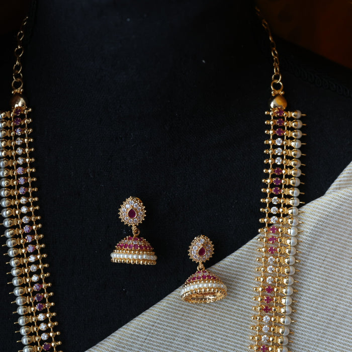 Heritage gold plated ruby white stone long necklace with earrings  HL9311