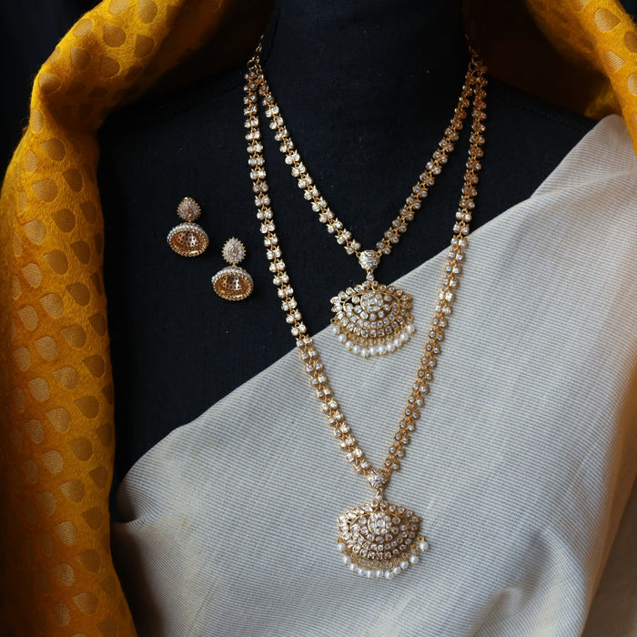 Heritage gold plated white stone long and short necklace with earrings HLS3211