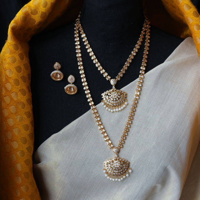 Heritage gold plated white stone long and short necklace with earrings HLS3211