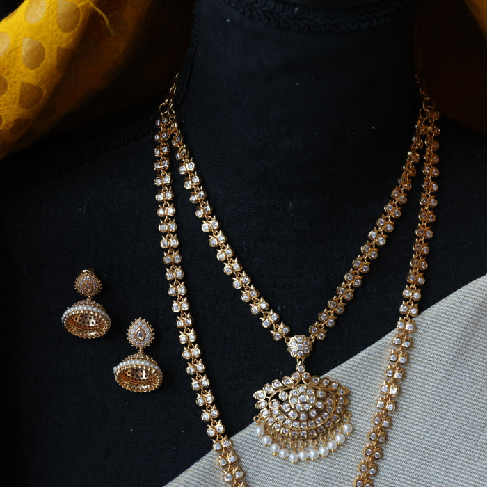 Heritage gold plated white stone long and short necklace with earrings HLS3211