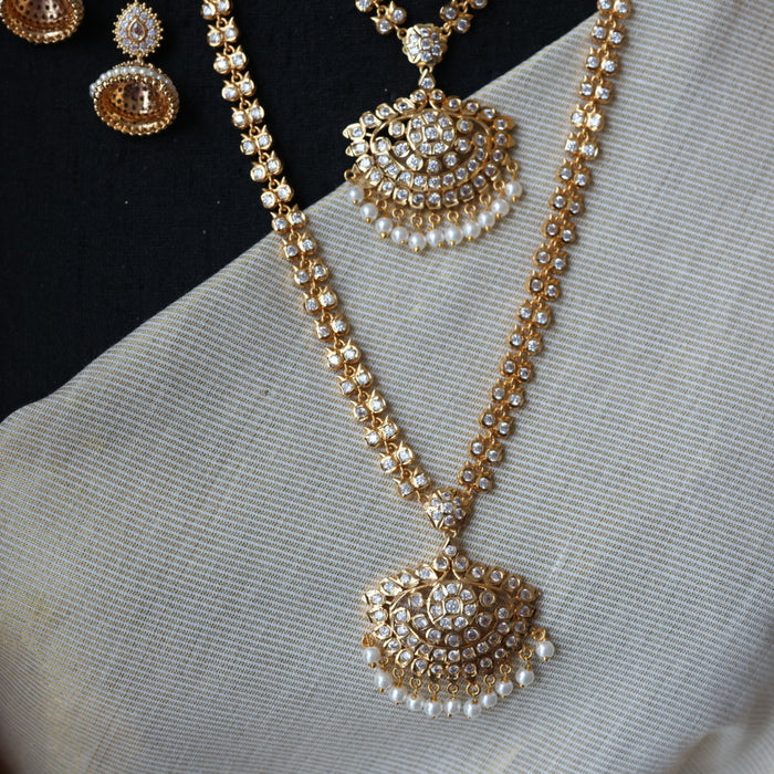 Heritage gold plated white stone long and short necklace with earrings HLS3211