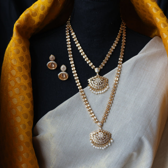 Heritage gold plated white stone long and short necklace with earrings HLS3211