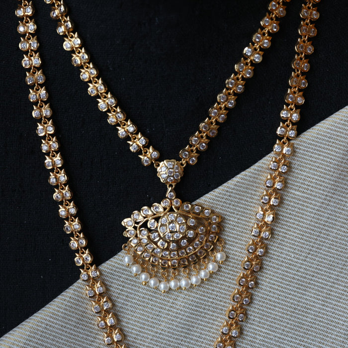 Heritage gold plated white stone long and short necklace with earrings HLS3211