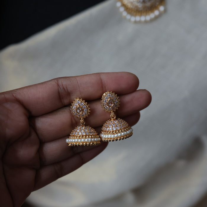 Heritage gold plated white stone long and short necklace with earrings HLS3211