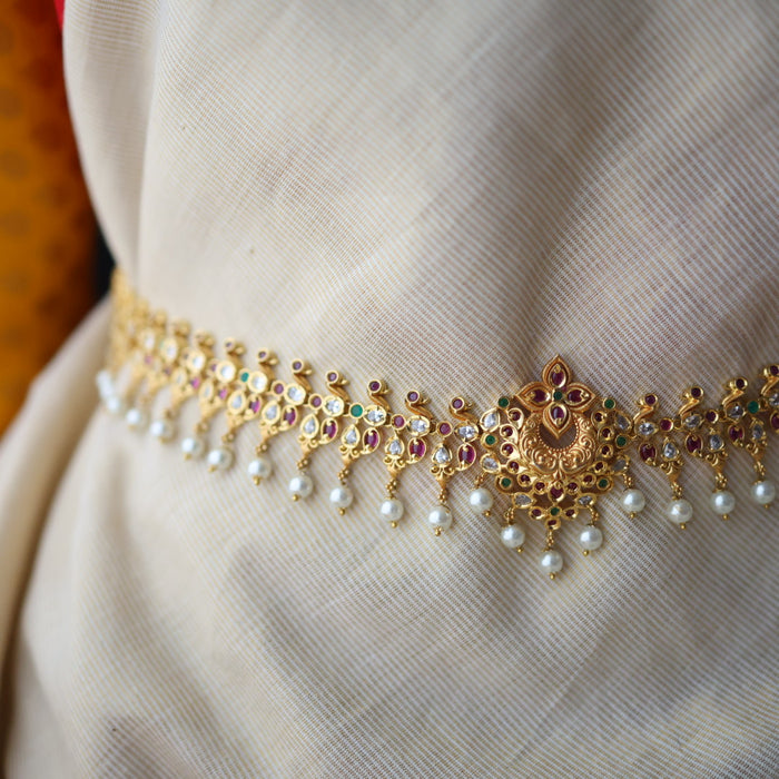 Antique gold white ruby green stone mango waistchain AW4574