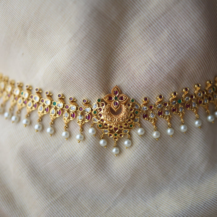 Antique gold white ruby green stone mango waistchain AW4574