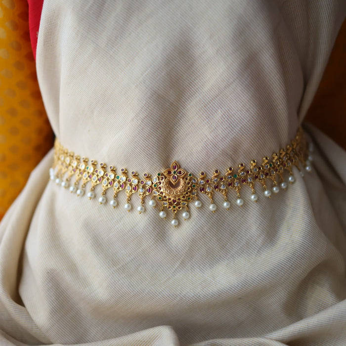 Antique gold white ruby green stone mango waistchain AW4574