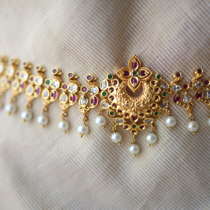Antique gold white ruby green stone mango waistchain AW4574