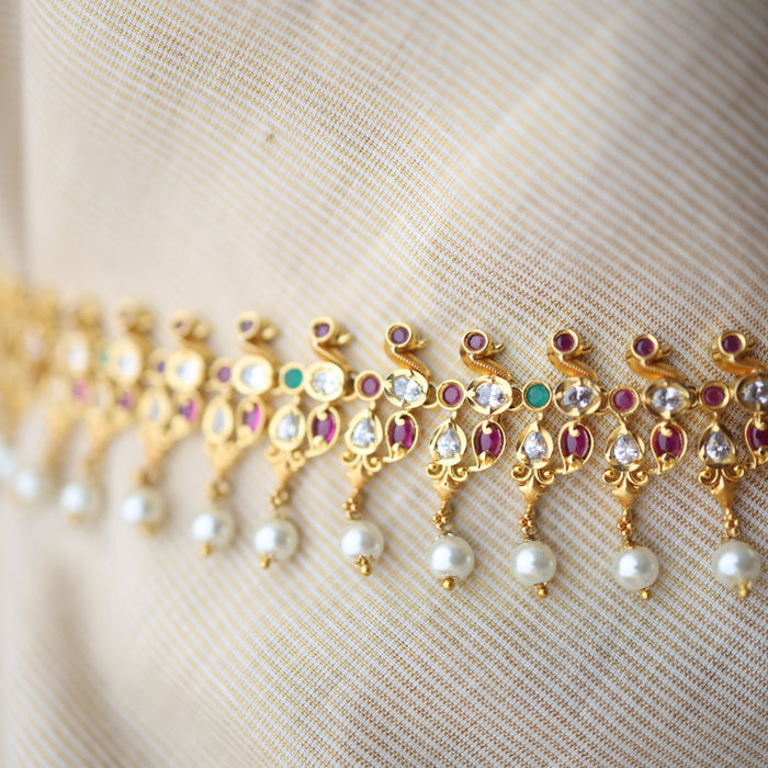 Antique gold white ruby green stone mango waistchain AW4574