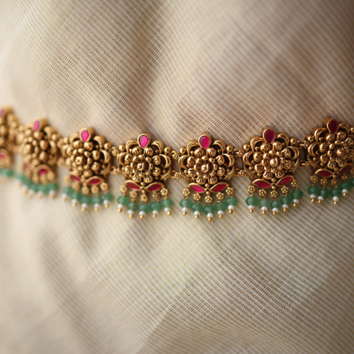 Antique temple design green bead waistchain AW55677