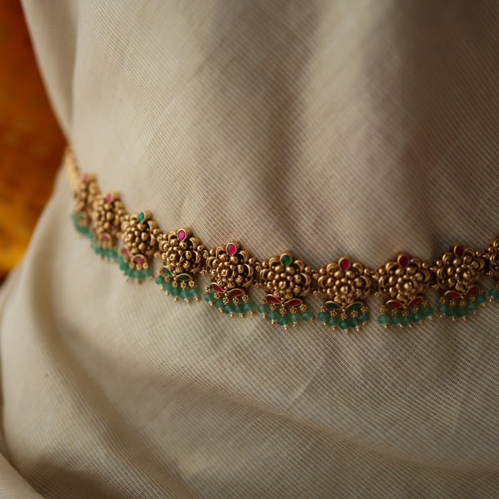 Antique gold temple design green bead waistchain AW55680