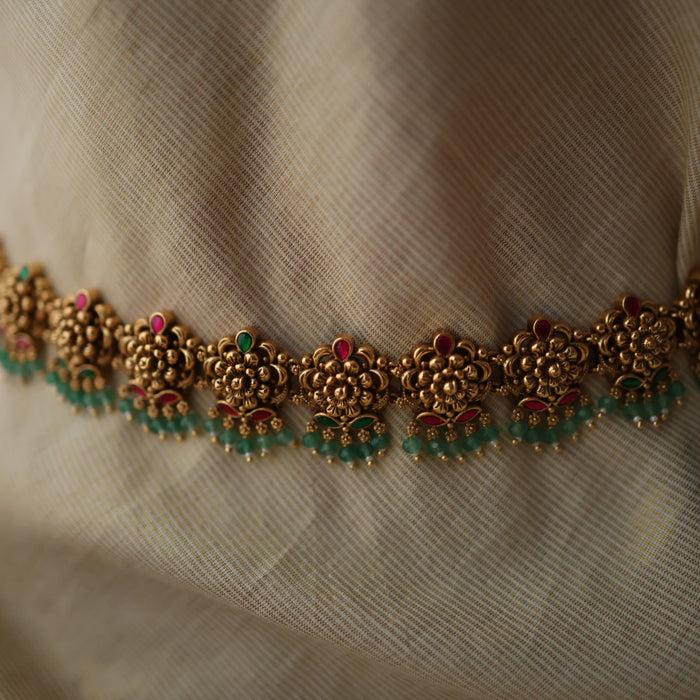 Antique gold temple design green bead waistchain AW55680
