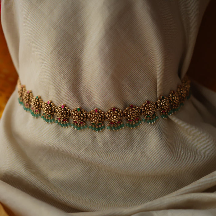 Antique gold temple design green bead waistchain AW55680