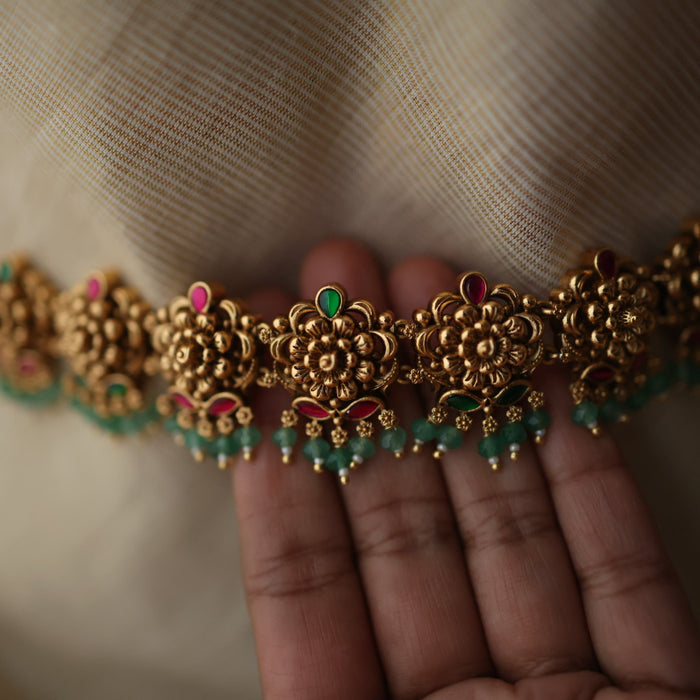 Antique gold temple design green bead waistchain AW55680