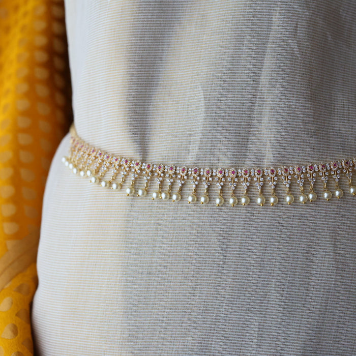Heritage gold plated ruby white stone and pearl waistchain HW88322