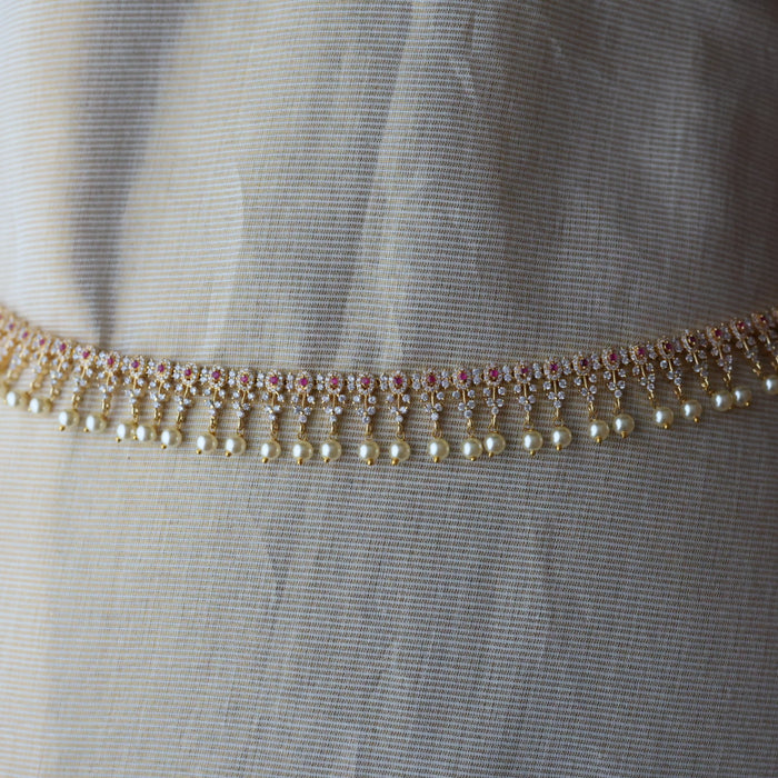 Heritage gold plated ruby white stone and pearl waistchain HW88322