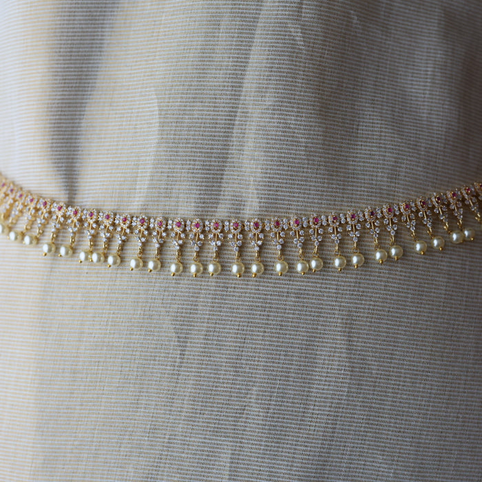 Heritage gold plated ruby white stone and pearl waistchain HW88322