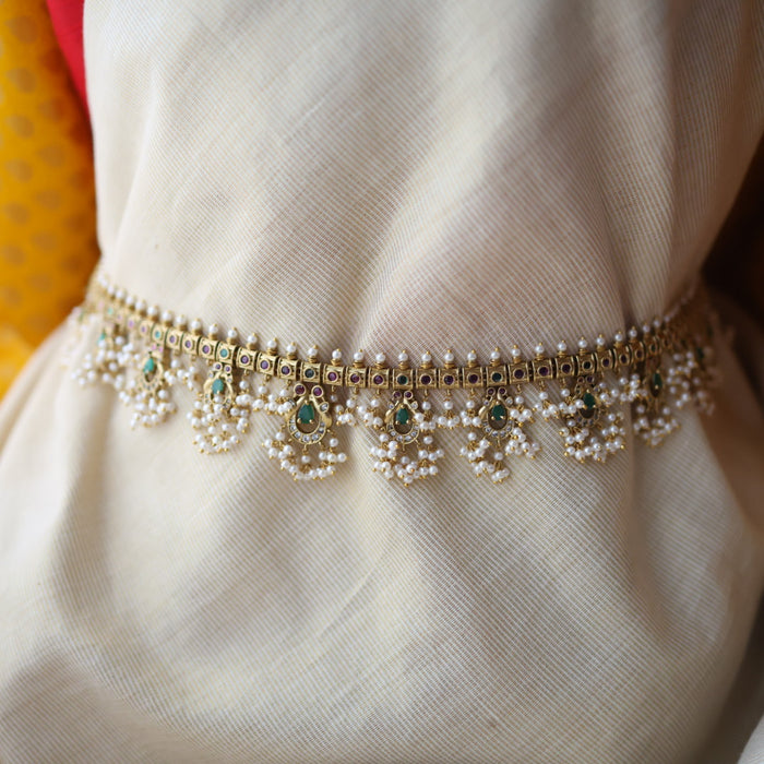 Antique gold and pearl waistchain/ long necklace with earrings LL03981