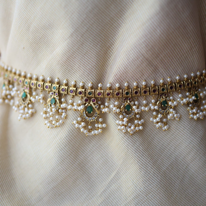 Antique gold and pearl waistchain/ long necklace with earrings LL03981