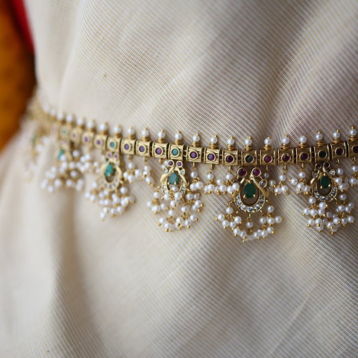 Antique gold and pearl waistchain/ long necklace with earrings LL03981