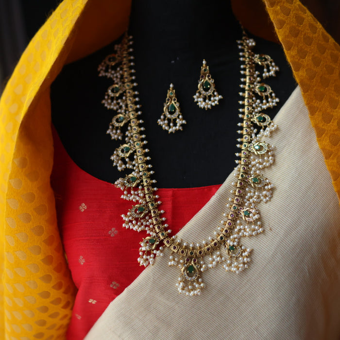 Antique gold and pearl waistchain/ long necklace with earrings LL03981
