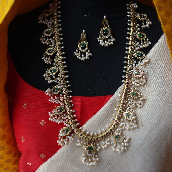 Antique gold and pearl waistchain/ long necklace with earrings LL03981