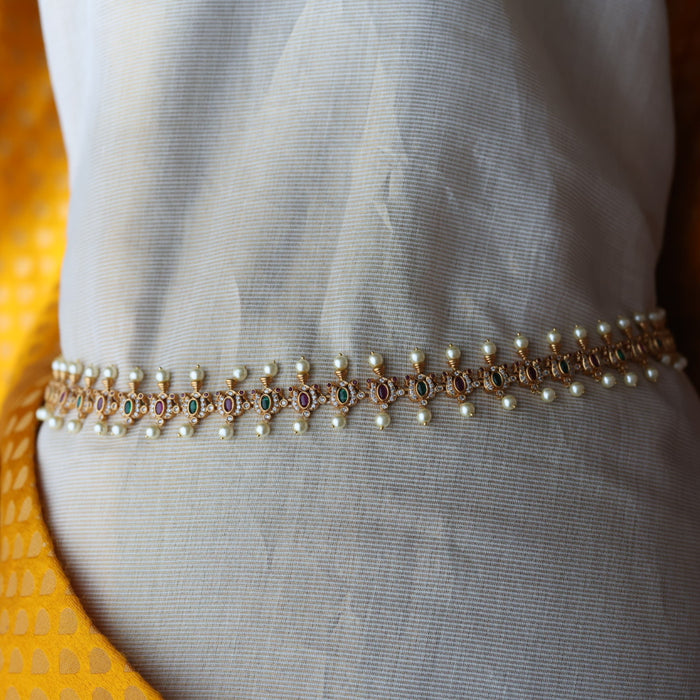 Antique gold and pearl floral design waistchain AW491