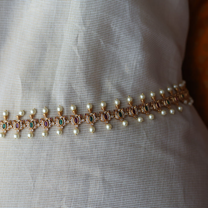 Antique gold and pearl floral design waistchain AW491