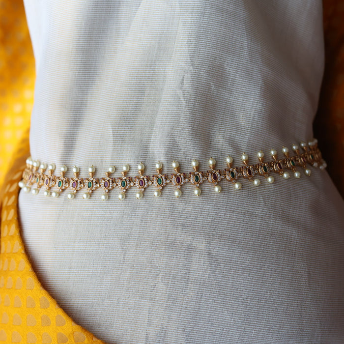 Antique gold and pearl floral design waistchain AW491