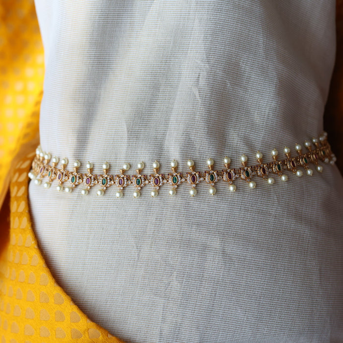 Antique gold and pearl floral design waistchain AW491