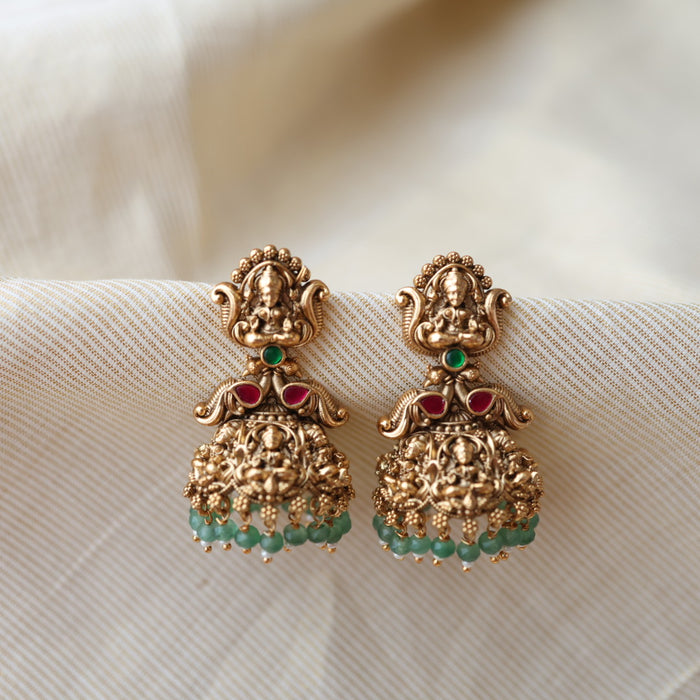 Antique temple design green bead jumka earrings AJ201
