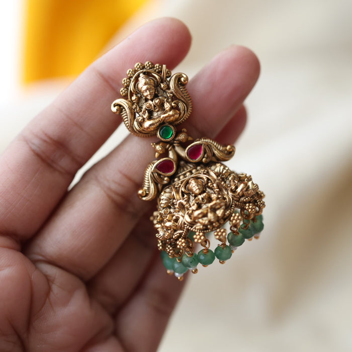 Antique temple design green bead jumka earrings AJ201