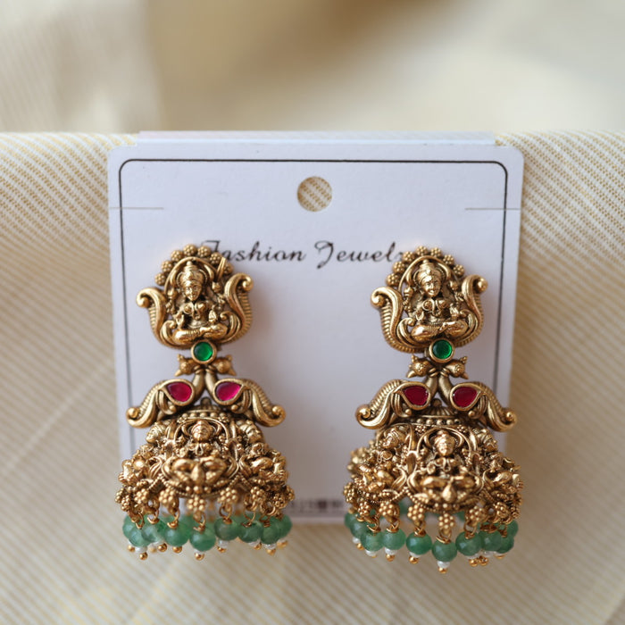Antique temple design green bead jumka earrings AJ201