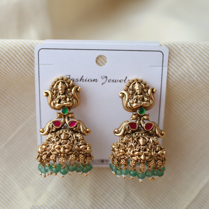 Antique temple design green bead jumka earrings AJ201