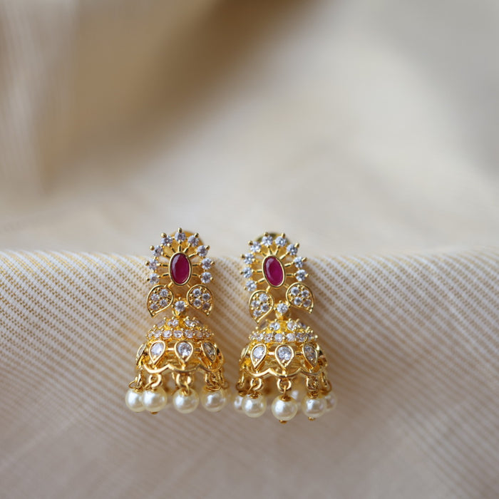 Heritage gold plated ruby white stone jumka earrings HJ0490