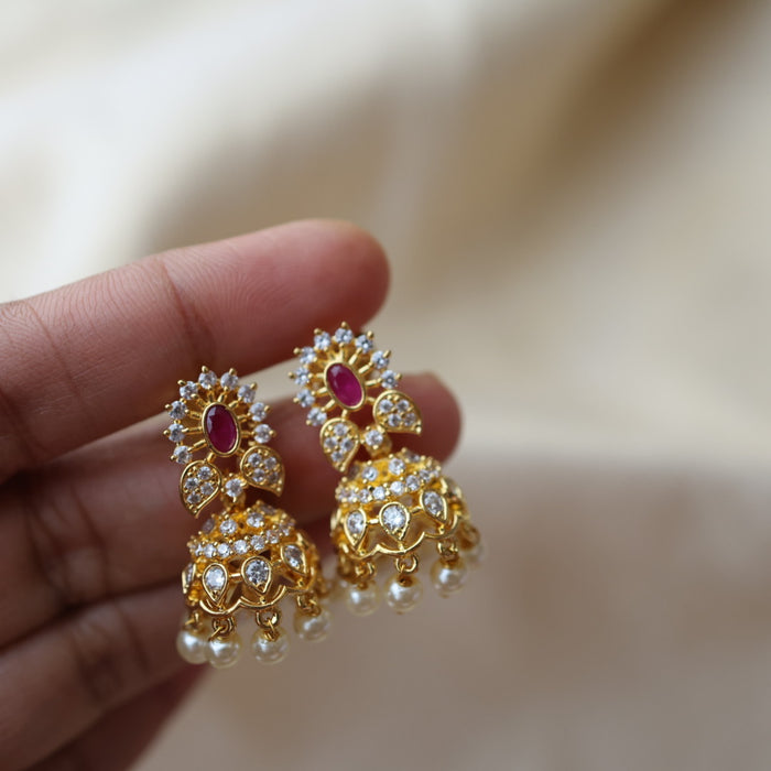 Heritage gold plated ruby white stone jumka earrings HJ0490